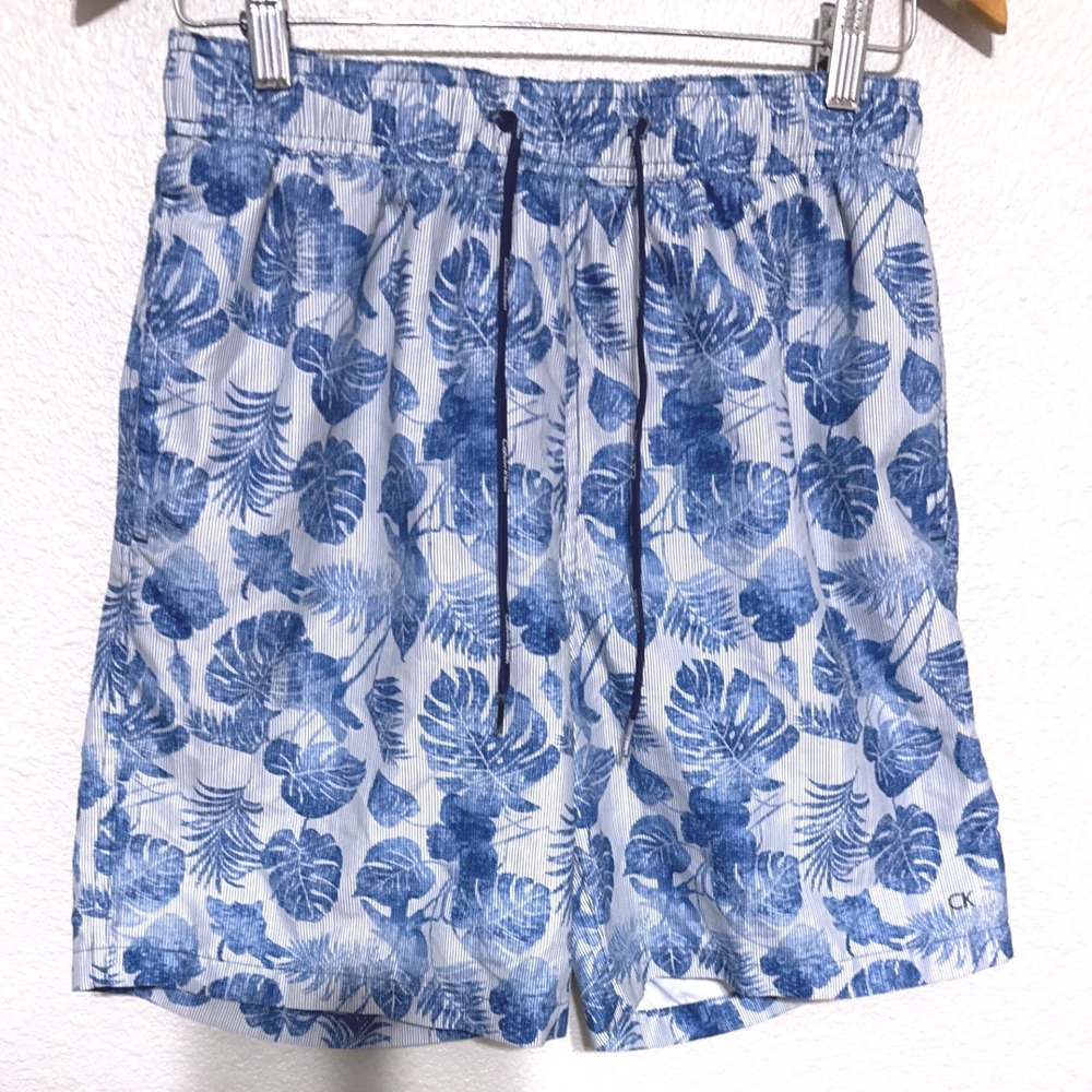 Calvin Klein Blue Swim Trunks‎ Men's Small Tropical Leaf Print Vacation Resort